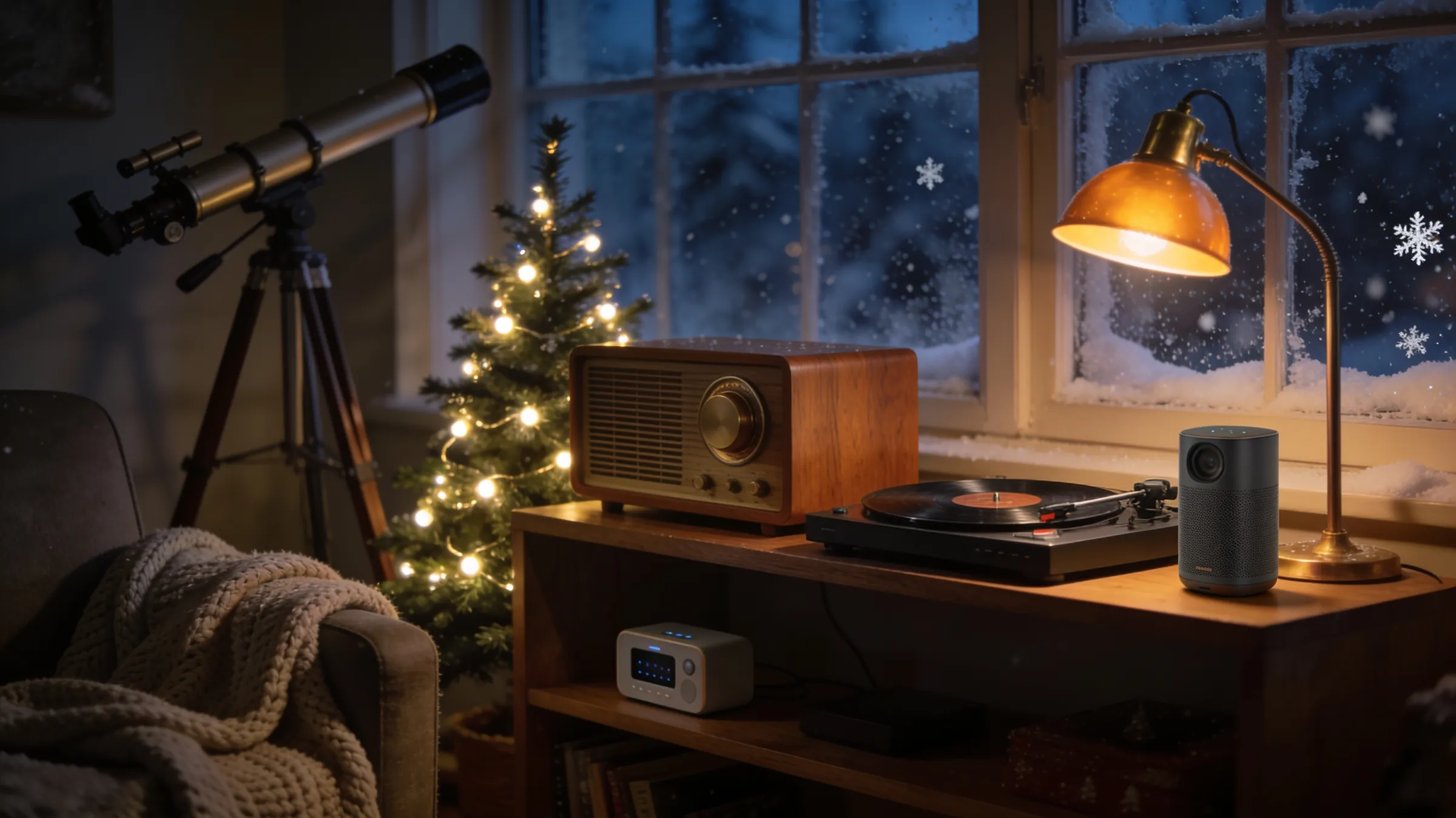 A wooden shelf by a snowy window holding a vintage radio, record player, speaker and brass lamp, with a telescope and a small lit tree