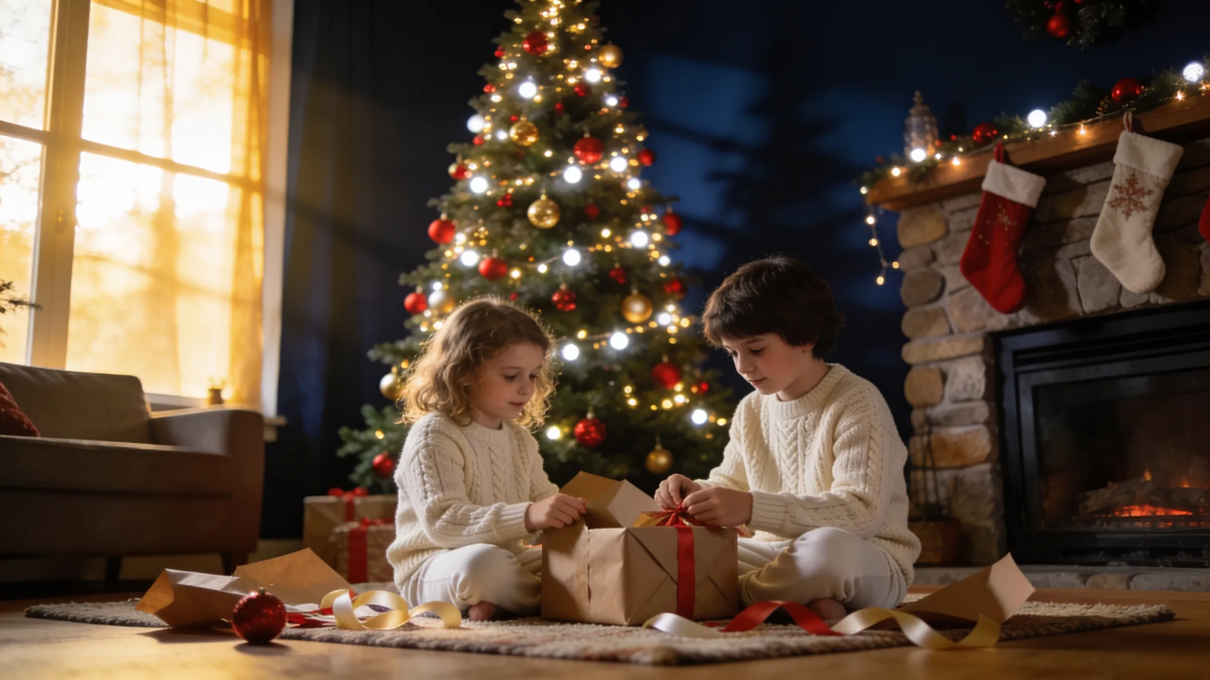 Two children in cream sweaters unwrapping gifts on the rug beside a lit Christmas tree and a stone fireplace