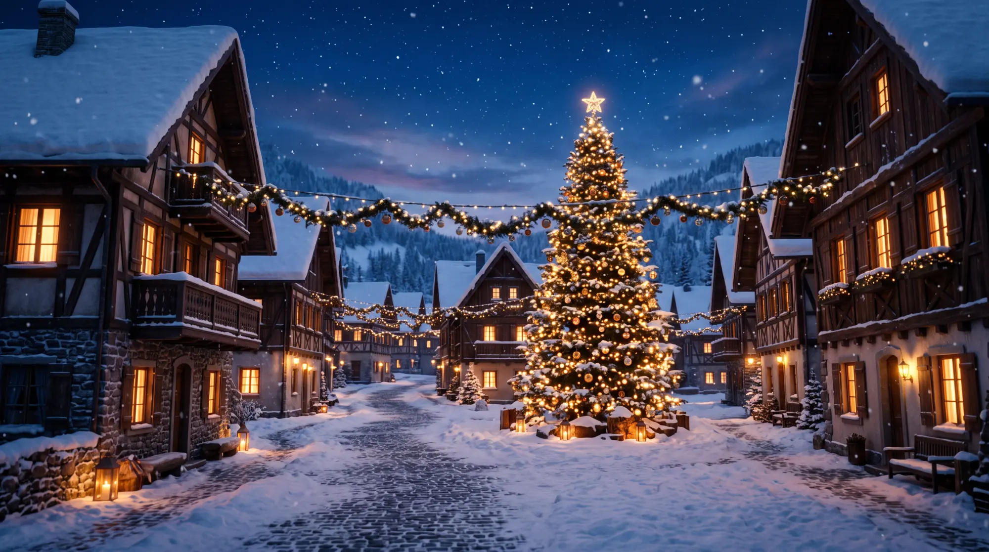 A snow-covered village street at dusk with glowing windows and a lit Christmas tree in the square
